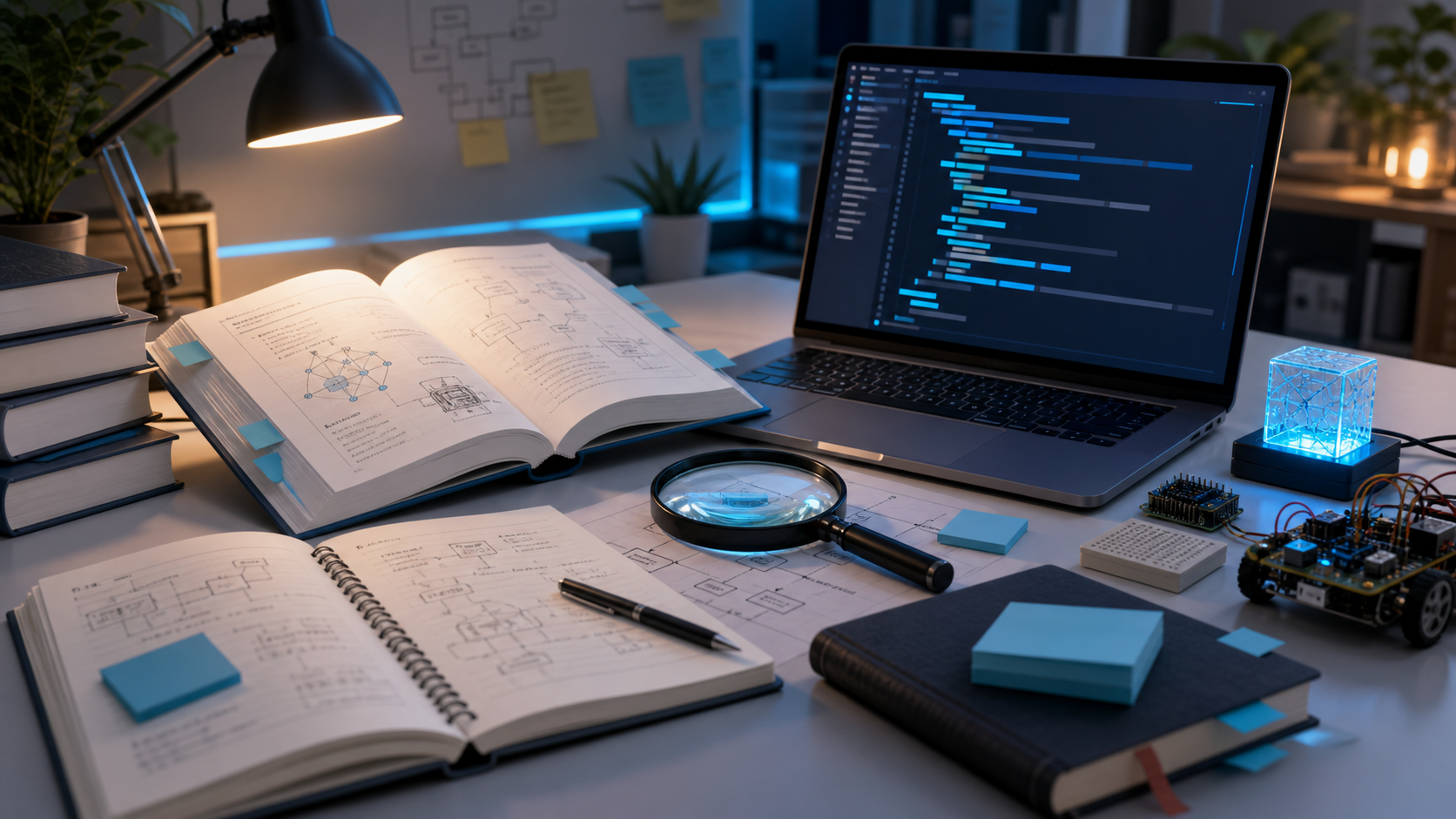 Bureau de recherche avec livres techniques, ordinateur, schémas, notes et composants de prototypage.