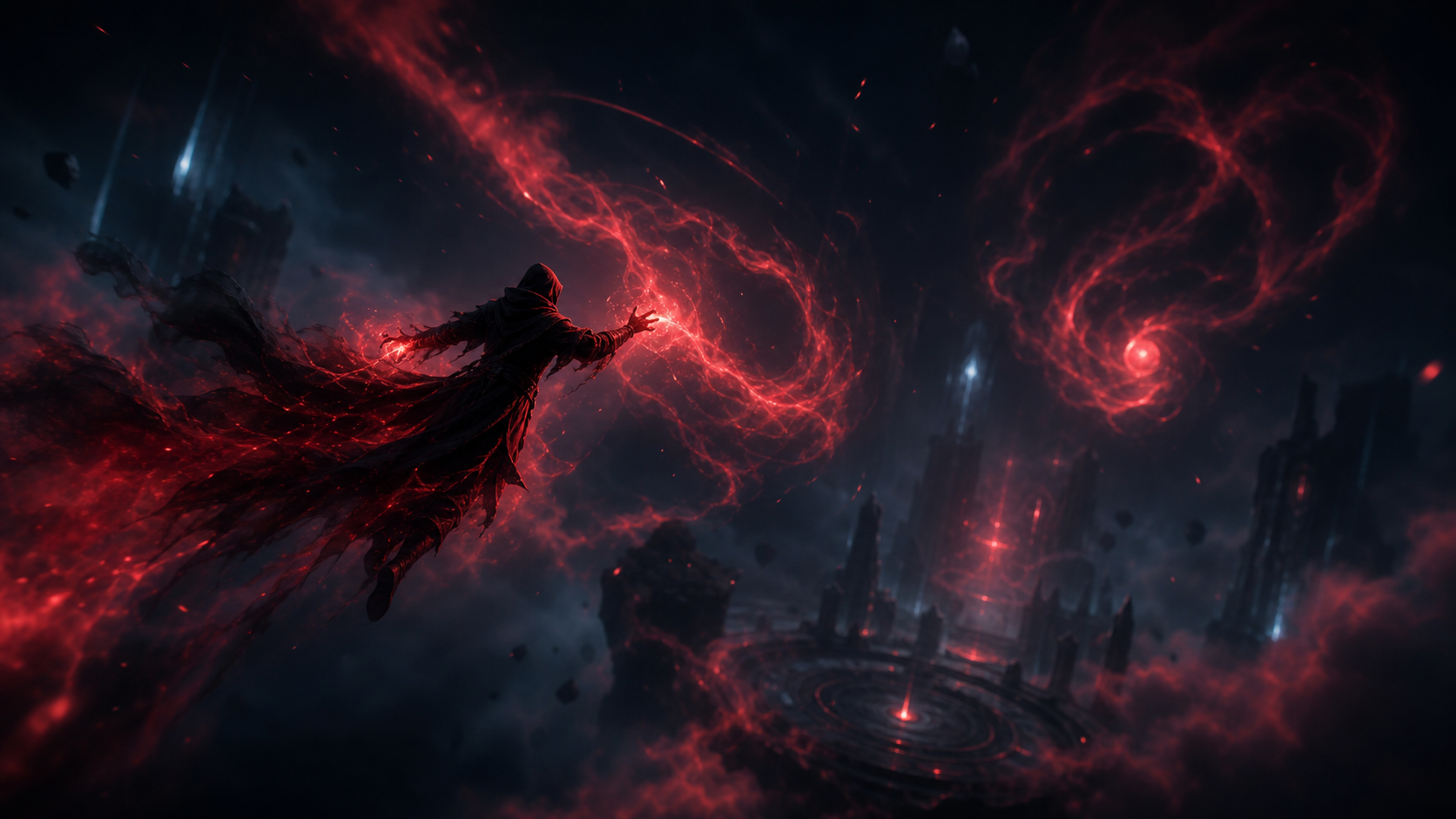 Silhouette de mage en vol avec fumée magique rouge et noire, rendu temps réel volontairement flouté pour éviter les détails.